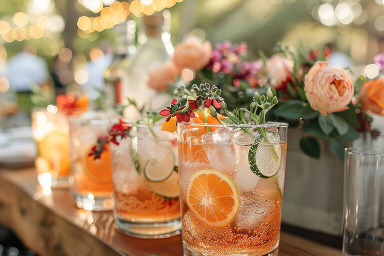 Cocktails Being Served Wedding Reception, Modern Bar Setup, Outdoor Rustic Wedding Table With Cocktails Made And Waiting. Generative Ai.