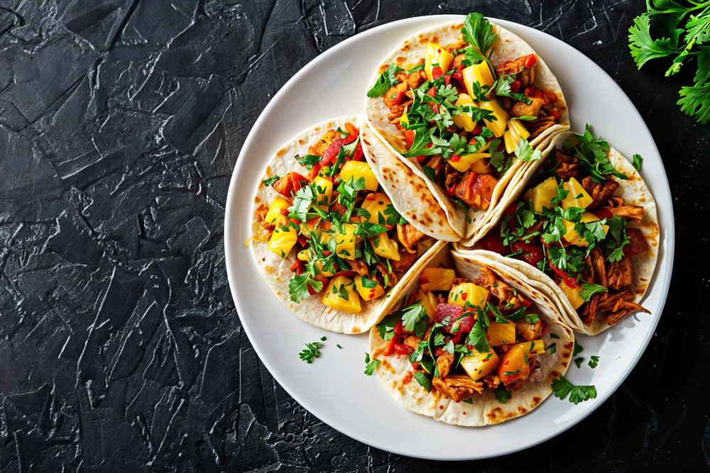 Top View Of A White Plate With Tacos Al Pastor, Marinated Pork T
