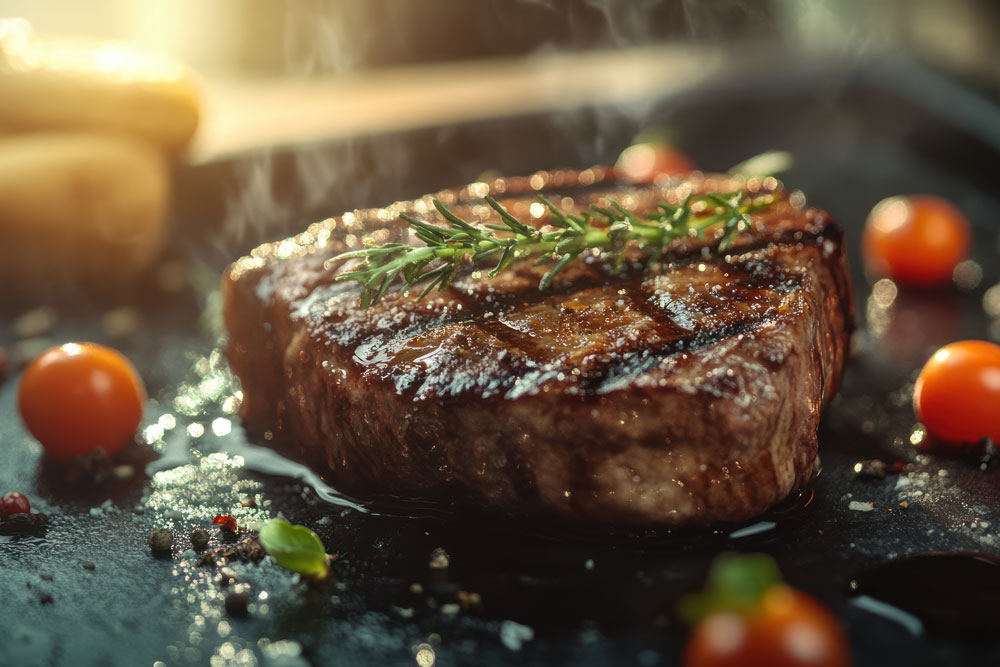 Close Up Of A Juicy Grilled Steak With Rosemary And Cherry Tomat