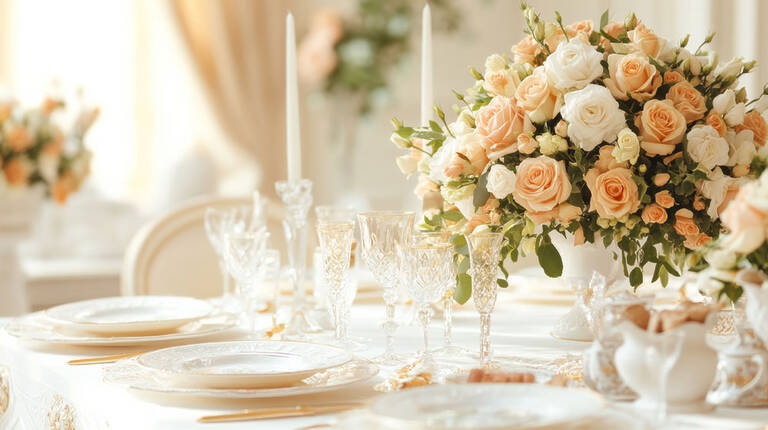 A Glamorous Banquet Table For A Wedding Celebration, Decorated W