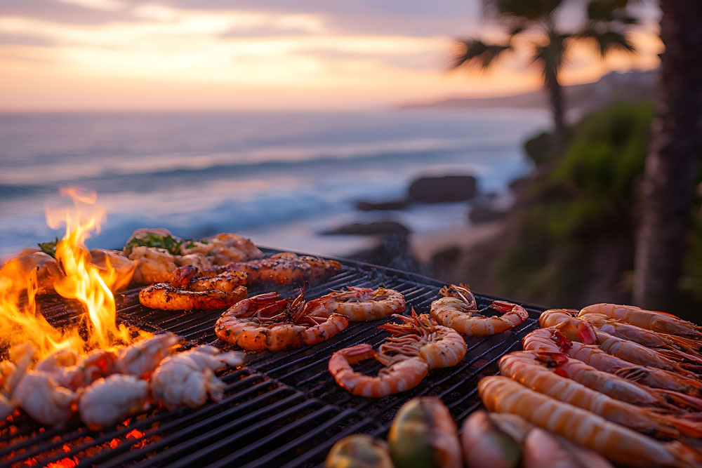 Coastal Beach Party Scene With A Smoky Grill Cooking Seafood, Oc