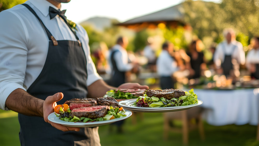 A Serving Staff Carrying White Plates With Steak And Salad Outdo A Serving Staff Carrying White Plates With Steak And Salad Outdo